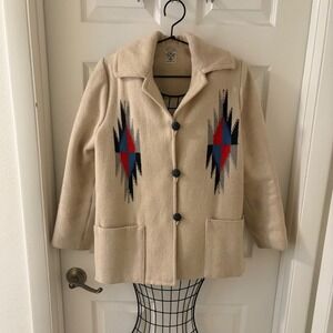 Ortega's Chimayo Hand Woven 100% Wool Jacket Ivory Southwestern Coat S/M NM